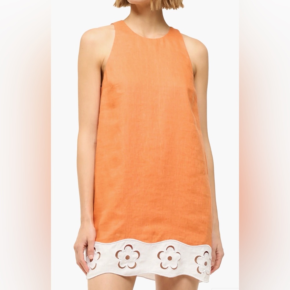 STAUD Mika Floral Eyelet-Trimmed Linen Shift Minidress